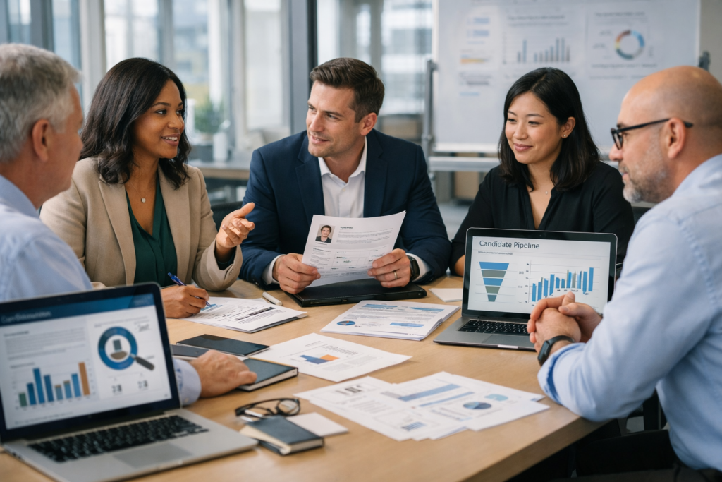HR szakértők tárgyalnak korszerű HR megoldásokkal a munkaerőhiány kezelésére.