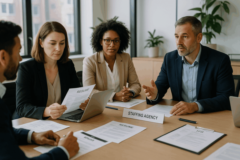 Szakértő munkaerő-közvetítők egyeztetnek munkahelyi kiválasztási folyamat során.