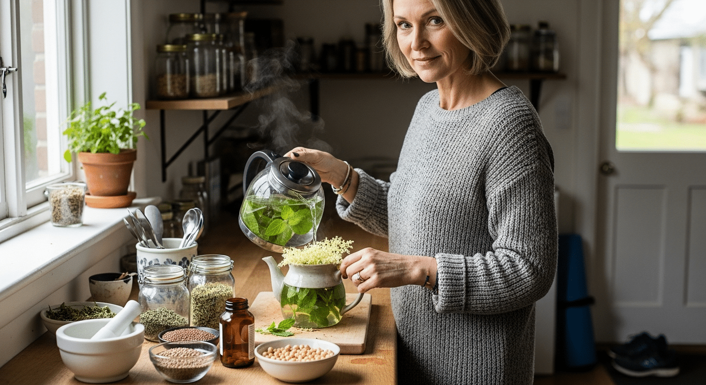 hormonpótló terápia alternatívái: nő gyógynövényteát készít napfényes konyhában