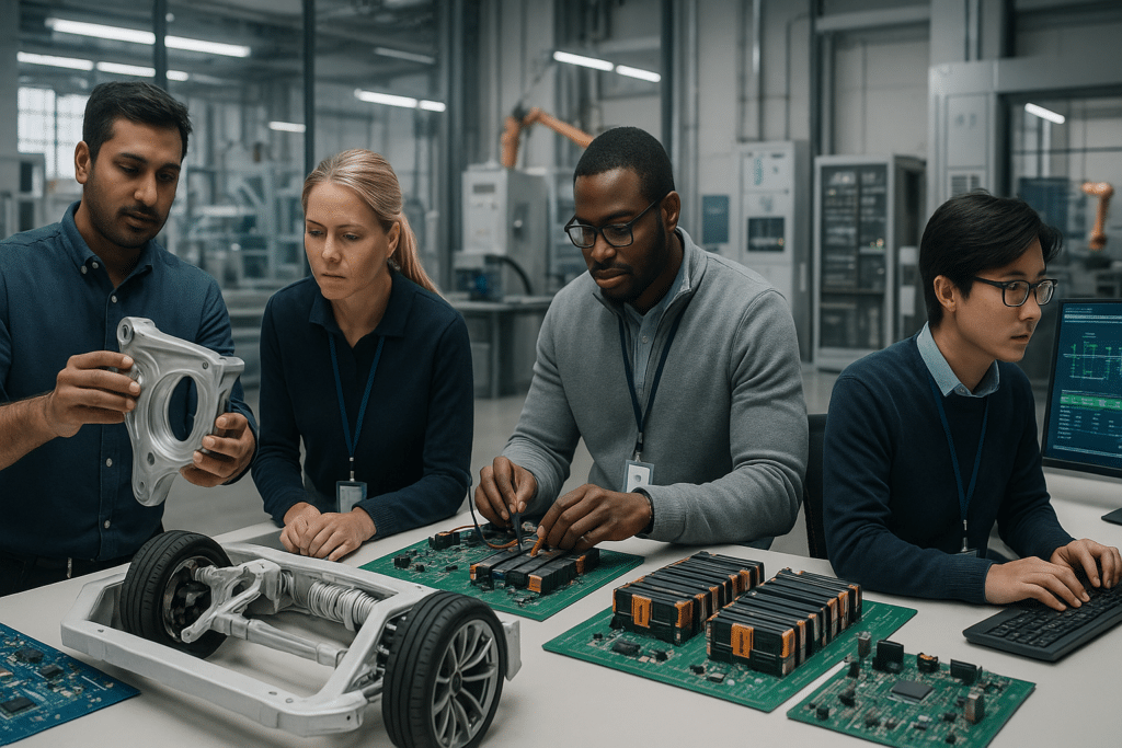 Műszaki álláslehetőségek: mérnökök együttműködése modern innovációs laborban.