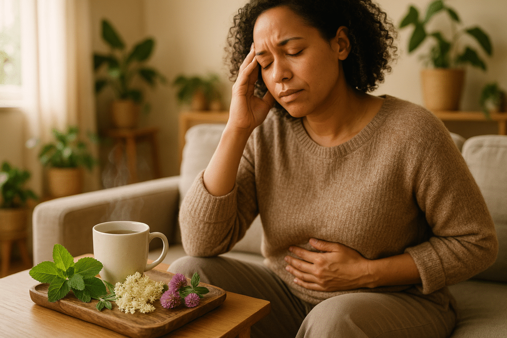 Nő gondolkodó arca PMS kezelése közben, természetes gyógynövényekkel otthon.