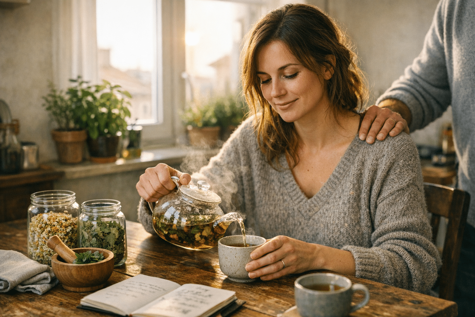 Nő gyógynövényes teát készít teherbeesés elősegítése céljából