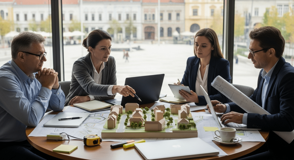 Városfejlesztési tanácsadás: szakemberek önkormányzati irodában városmodell mellett tárgyalnak