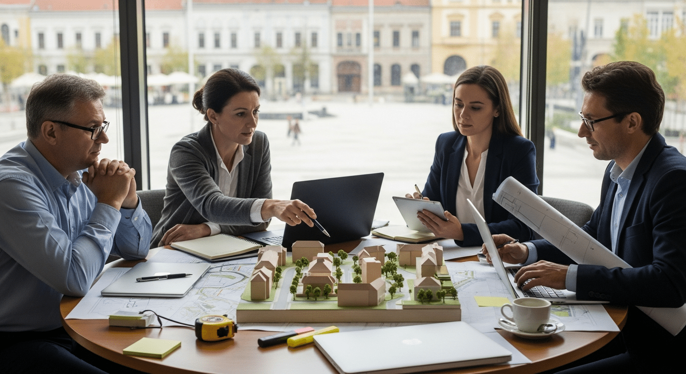 Városfejlesztési tanácsadás: szakemberek önkormányzati irodában városmodell mellett tárgyalnak