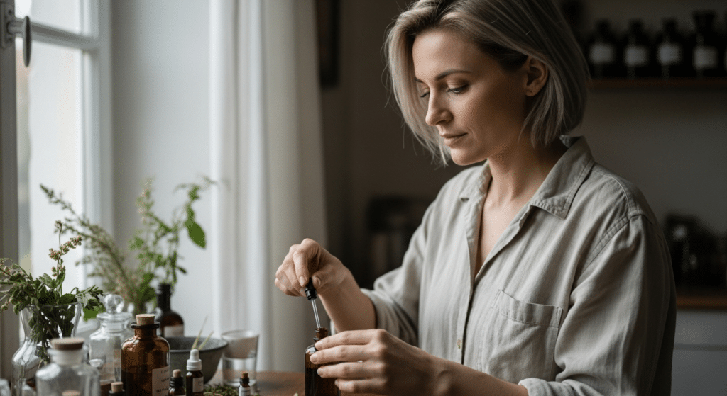 Nő készít barátcserje-tinktúrát friss hajtásokkal és szárított bogyókkal