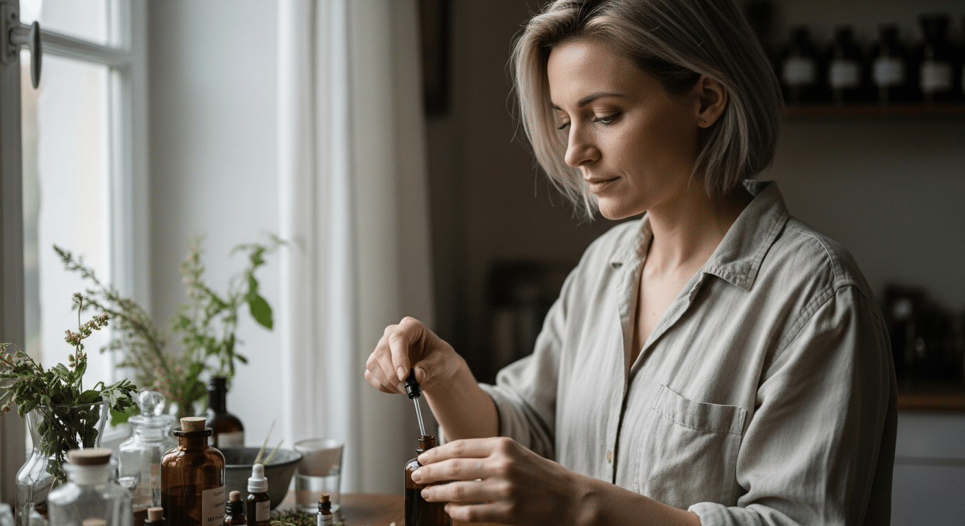 Nő készít barátcserje-tinktúrát friss hajtásokkal és szárított bogyókkal