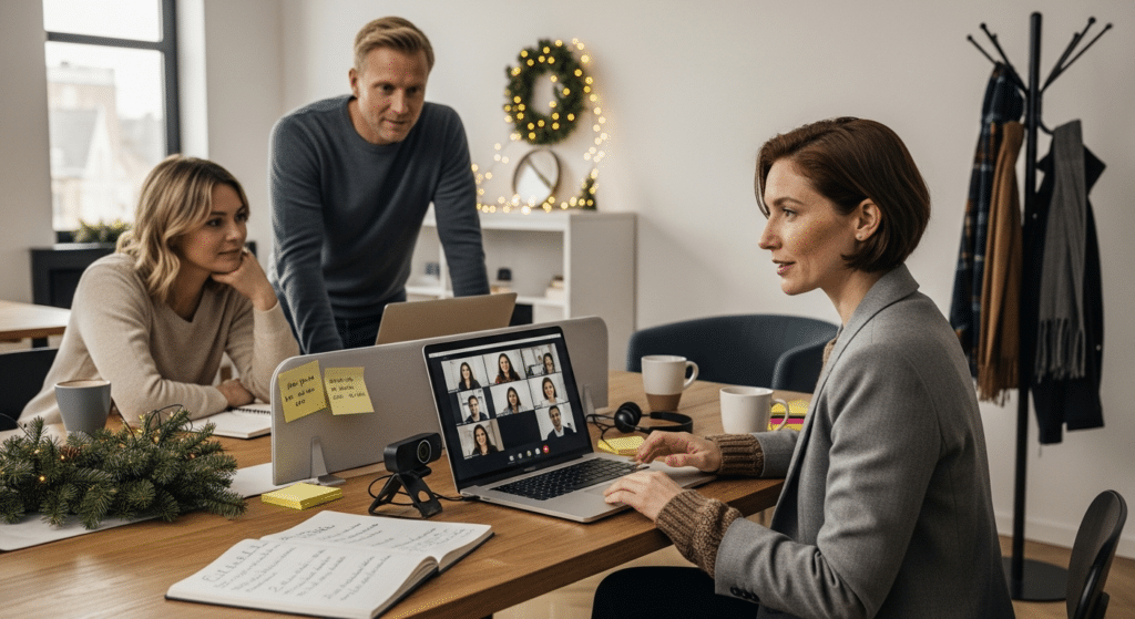 HR vezető lebonyolít online megbeszélések munkahelyen hibrid ünnepi irodában