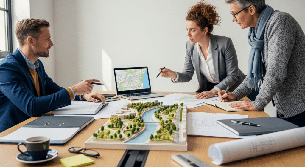 Önkormányzati tervezői megbeszélés modellel és tervekkel — városfejlesztési projekt jogi háttere
