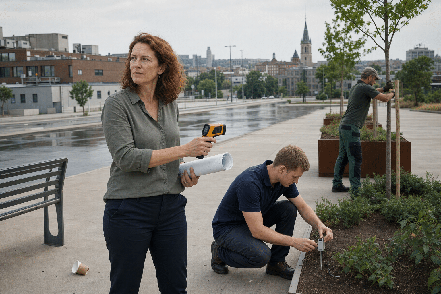 hőszigethatás városi környezetben: várostervező, technikus és kertész betonplázán