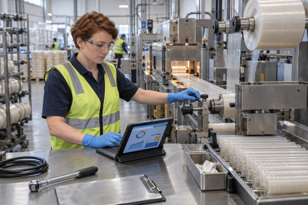 műanyag alapú bélgyártás technikus ellenőrzi extrudáló sort tablet mellett